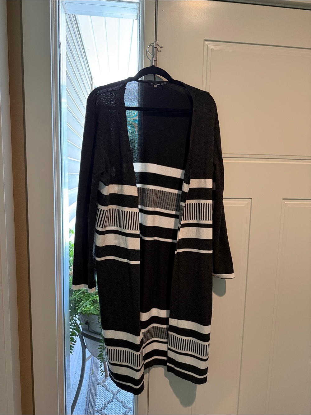Open-Front Black and White Striped Women's Cardigan